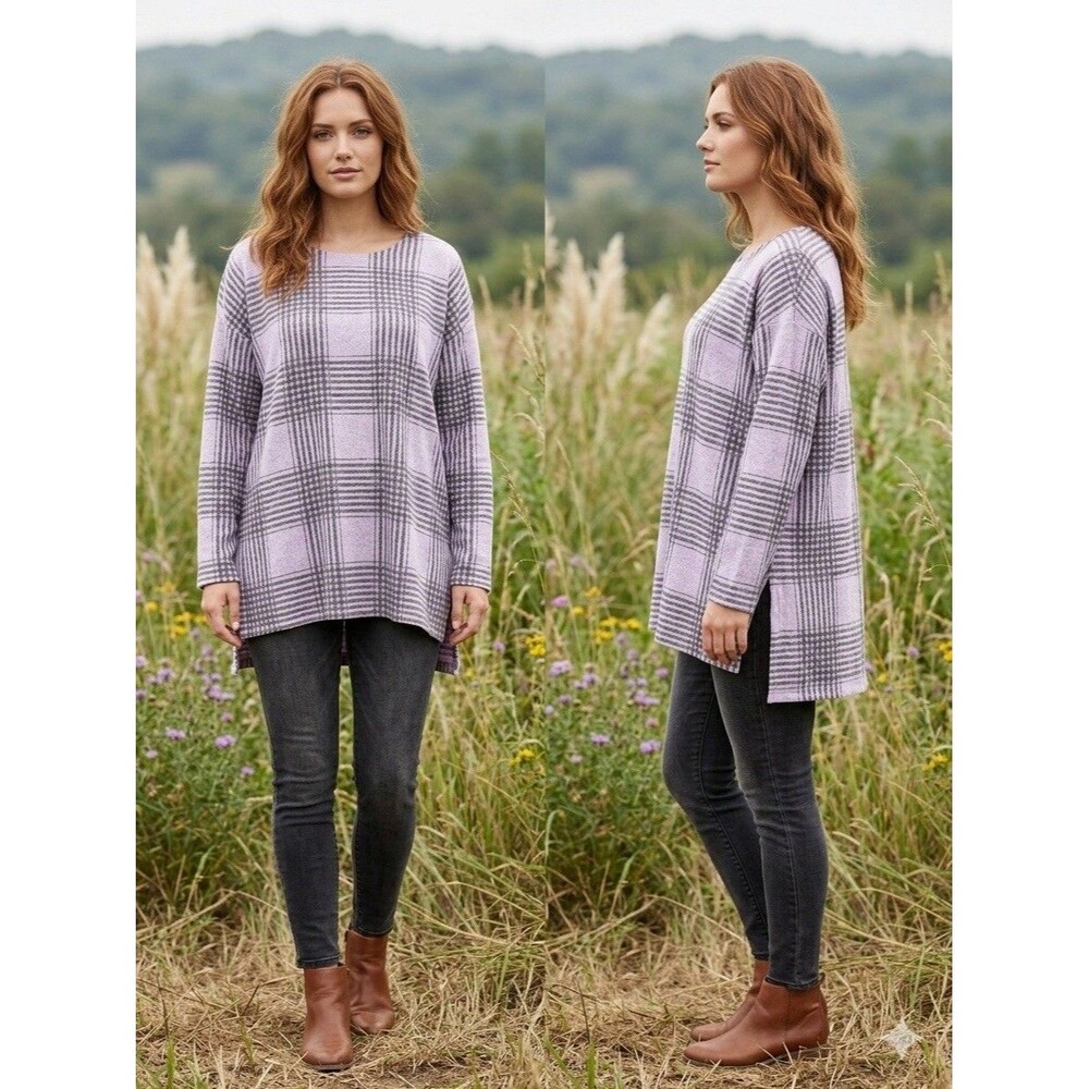 NWT Nalli & Millie Plaid Knit Pullover Sweater Purple Gray Women SM-LXL USA Made
